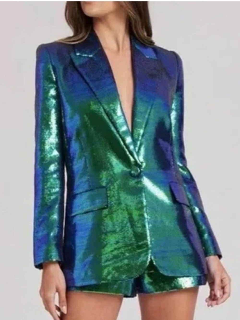 NADINE MERABI Karla Blue-Green Iridescent Sequin Blazer/Shorts Set Size XS